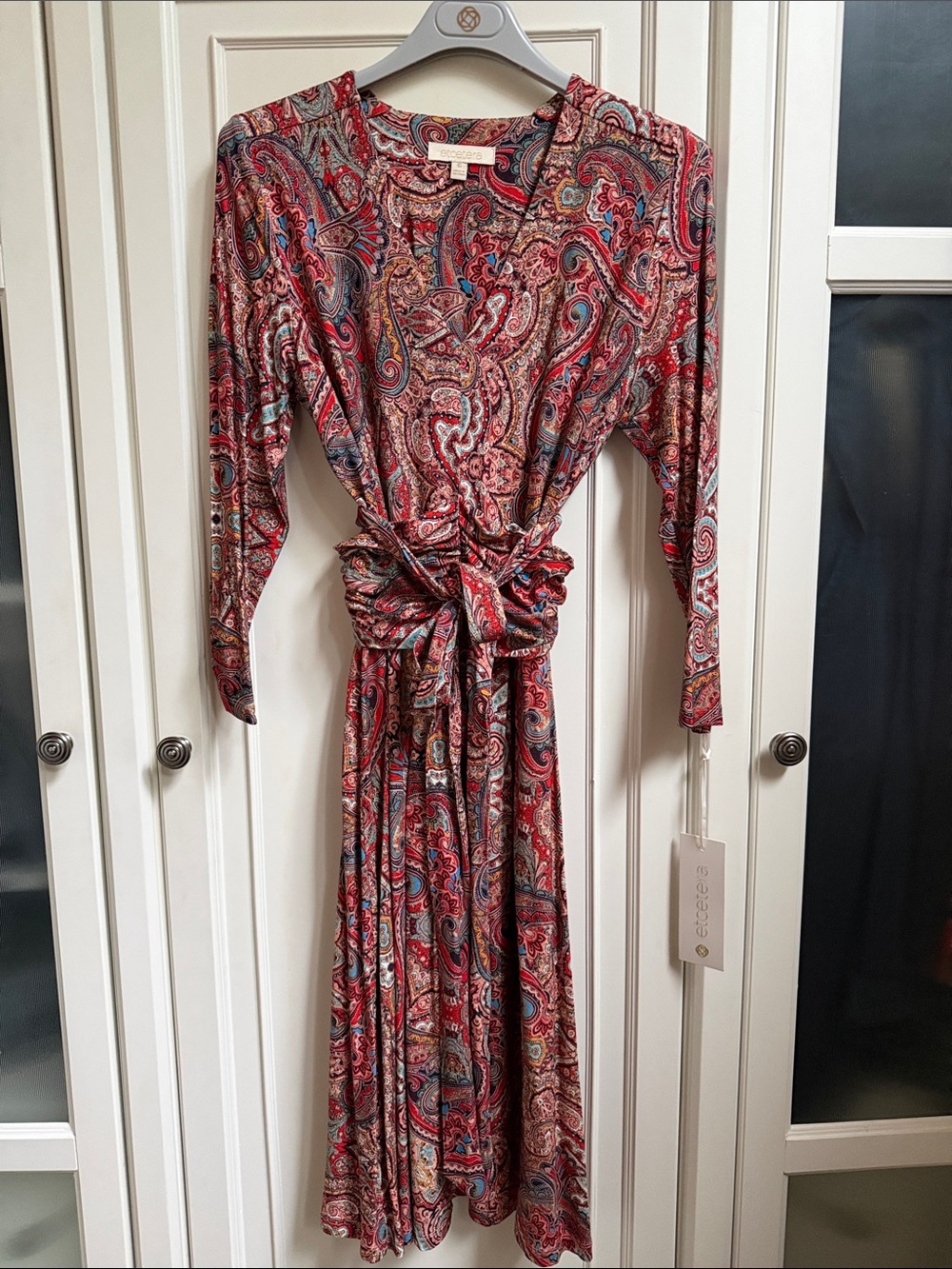 ETCETERA NYC Persian Red Paisley Wrap Dress - Long Sleeve